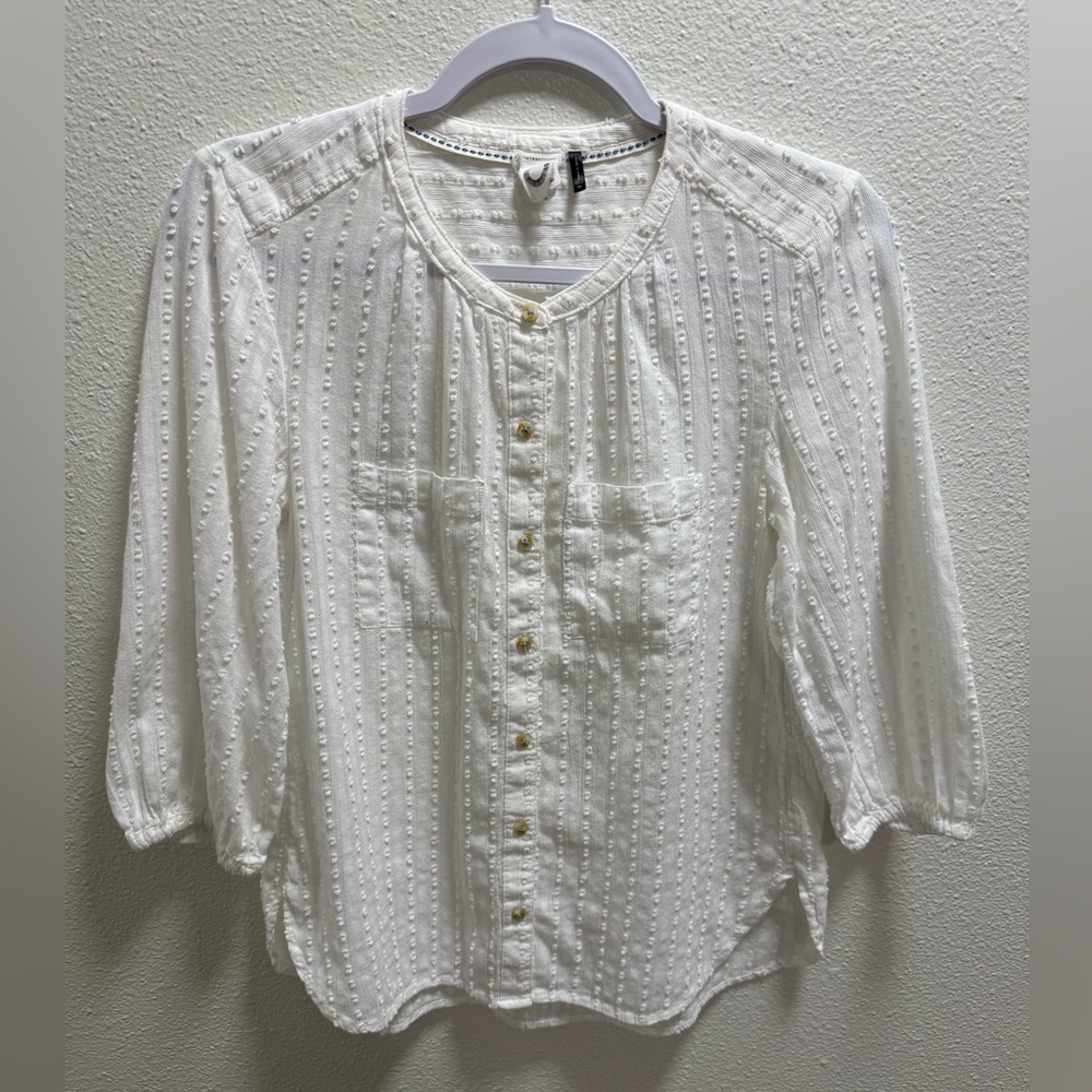 Anthropologie Akemi + Kin Blouse Button Down Blouse Swiss Dot Quarter Sleeve